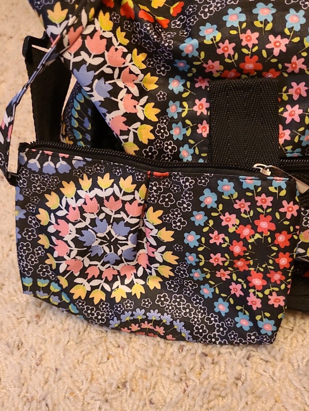 In Stitches Floral Pattern Black Travel Duffle Bag With Matching Small Pouch - Picture 4 of 7